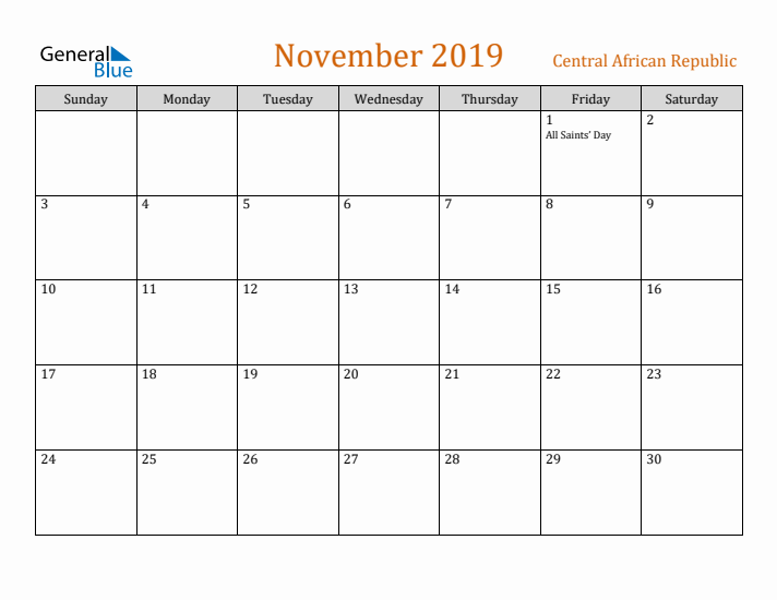 November 2019 Holiday Calendar with Sunday Start