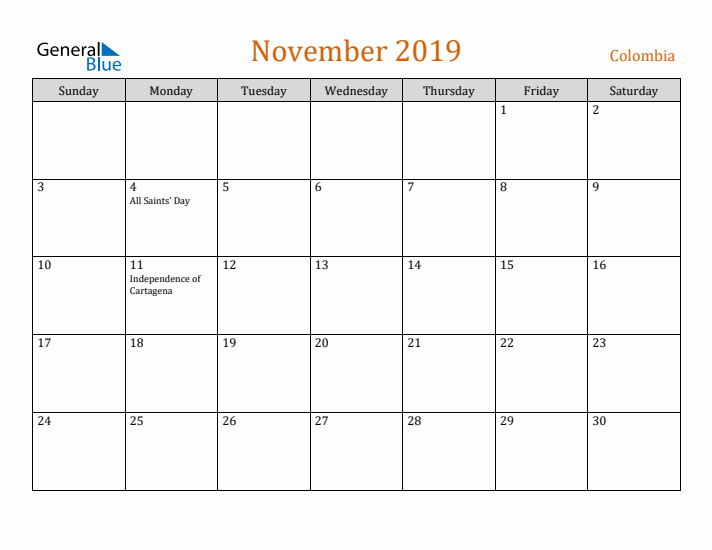 November 2019 Holiday Calendar with Sunday Start