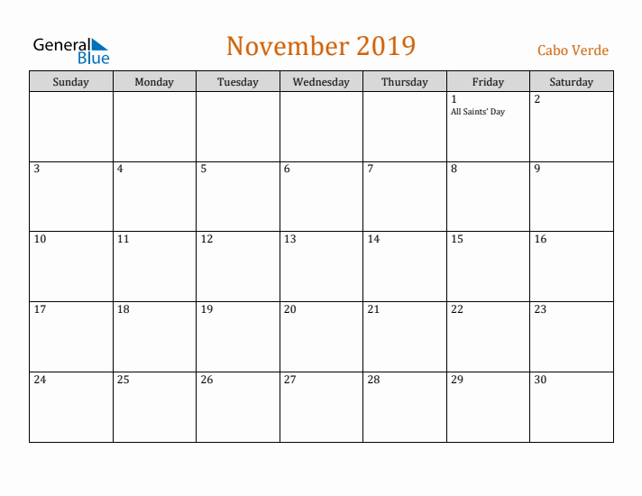 November 2019 Holiday Calendar with Sunday Start