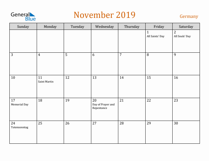 November 2019 Holiday Calendar with Sunday Start