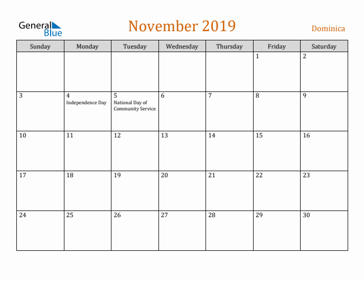 November 2019 Holiday Calendar with Sunday Start