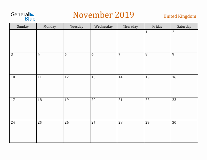 November 2019 Holiday Calendar with Sunday Start