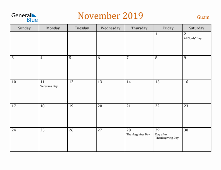 November 2019 Holiday Calendar with Sunday Start