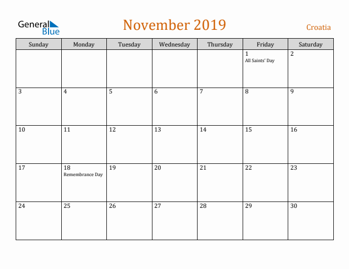 November 2019 Holiday Calendar with Sunday Start