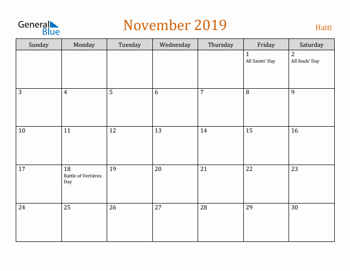 November 2019 Holiday Calendar with Sunday Start