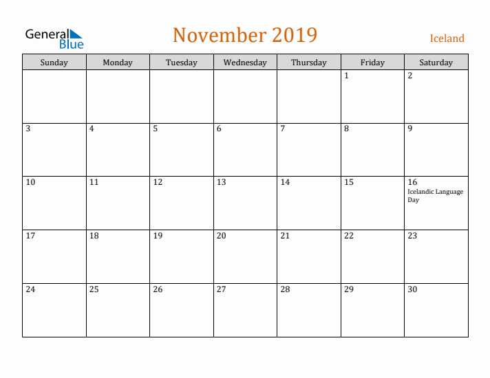 November 2019 Holiday Calendar with Sunday Start