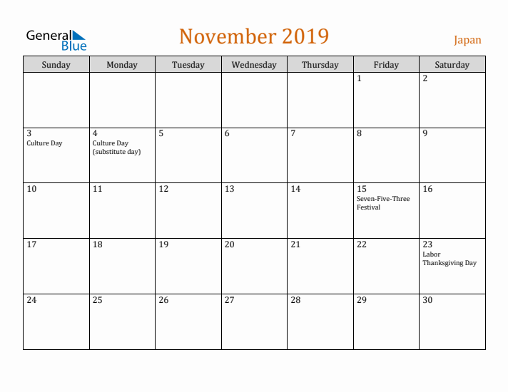 November 2019 Holiday Calendar with Sunday Start