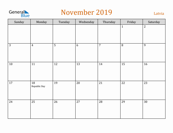 November 2019 Holiday Calendar with Sunday Start