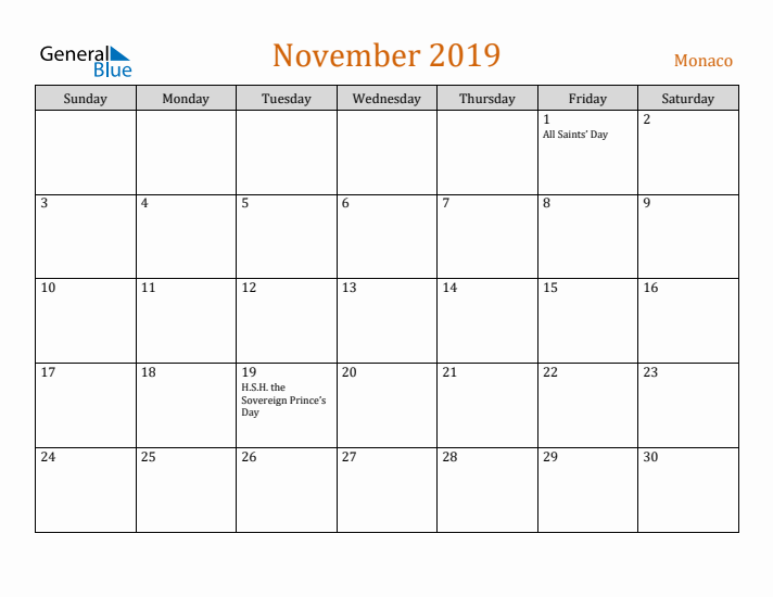 November 2019 Holiday Calendar with Sunday Start