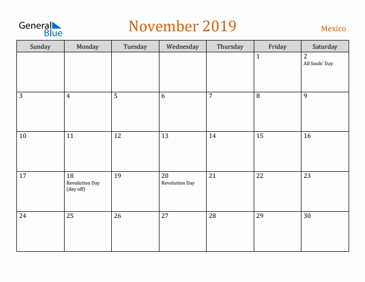 November 2019 Holiday Calendar with Sunday Start