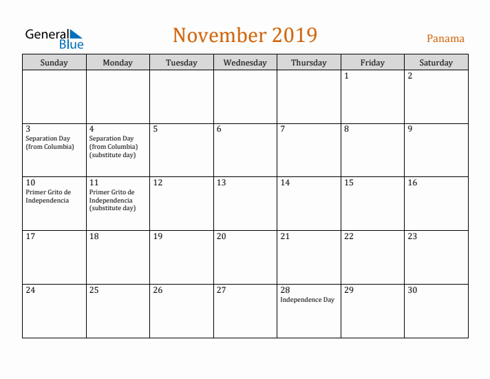 November 2019 Holiday Calendar with Sunday Start