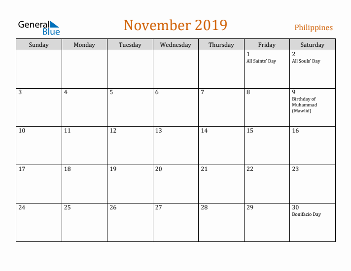 November 2019 Holiday Calendar with Sunday Start