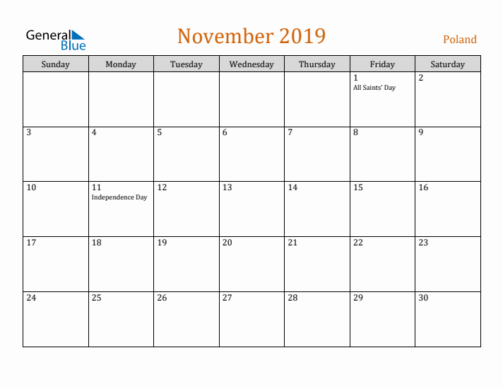 November 2019 Holiday Calendar with Sunday Start