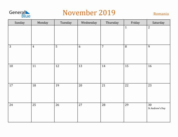 November 2019 Holiday Calendar with Sunday Start