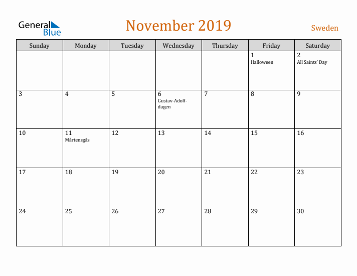 November 2019 Holiday Calendar with Sunday Start