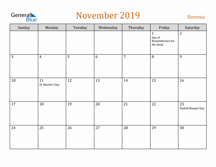 November 2019 Holiday Calendar with Sunday Start