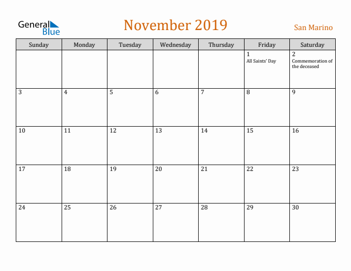 November 2019 Holiday Calendar with Sunday Start