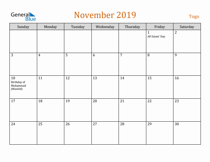 November 2019 Holiday Calendar with Sunday Start