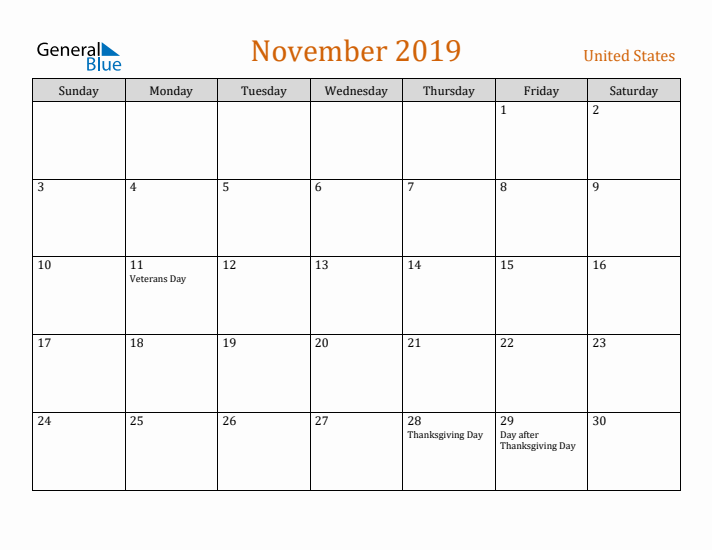 November 2019 Holiday Calendar with Sunday Start