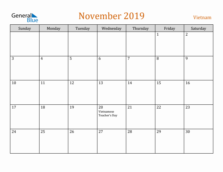 November 2019 Holiday Calendar with Sunday Start