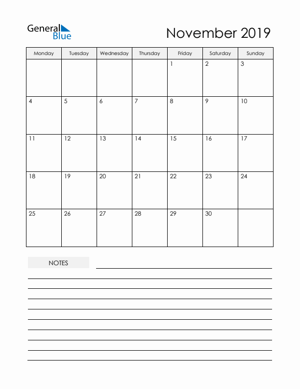 Printable Calendar with Notes - November 2019 