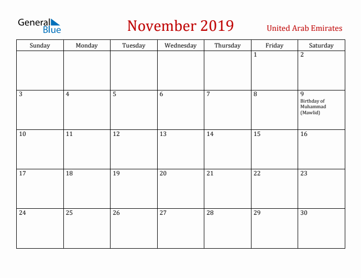 United Arab Emirates November 2019 Calendar - Sunday Start