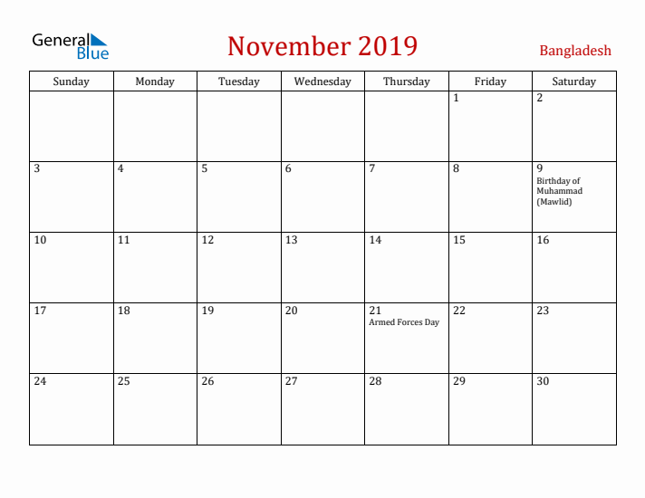 Bangladesh November 2019 Calendar - Sunday Start