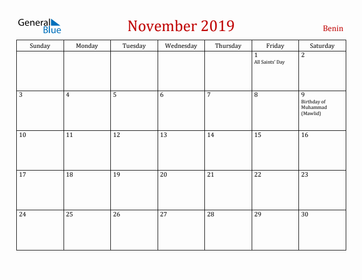 Benin November 2019 Calendar - Sunday Start