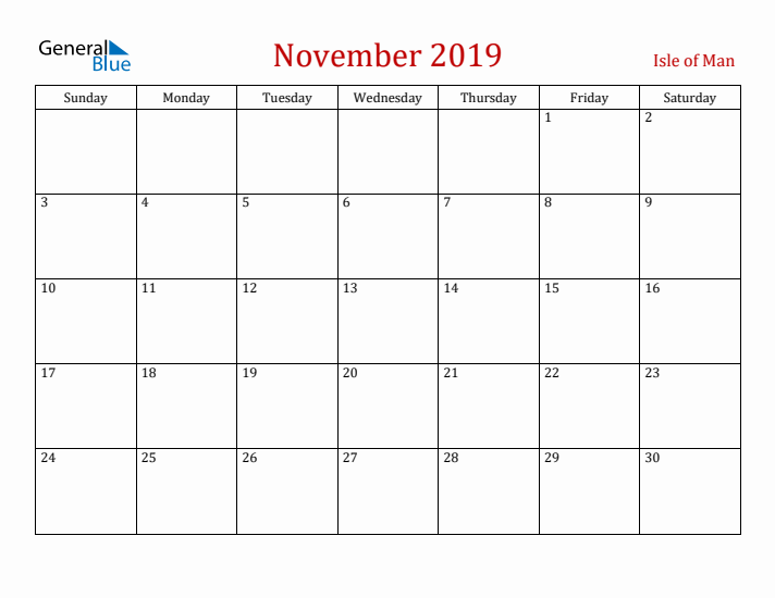 Isle of Man November 2019 Calendar - Sunday Start