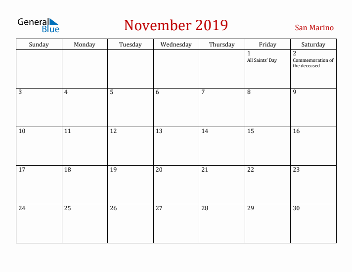 San Marino November 2019 Calendar - Sunday Start