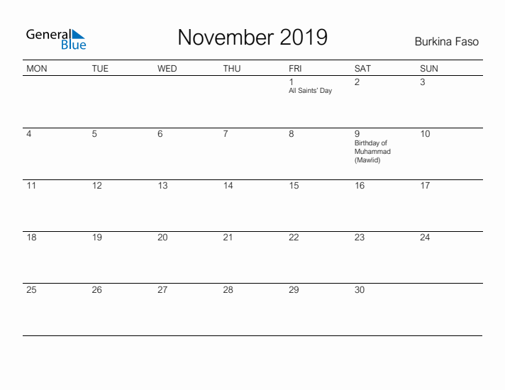 Printable November 2019 Calendar for Burkina Faso