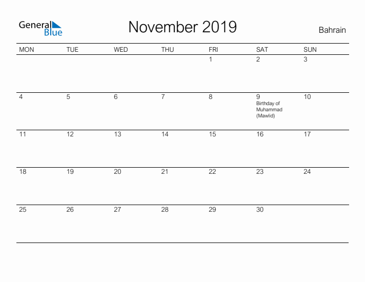 Printable November 2019 Calendar for Bahrain