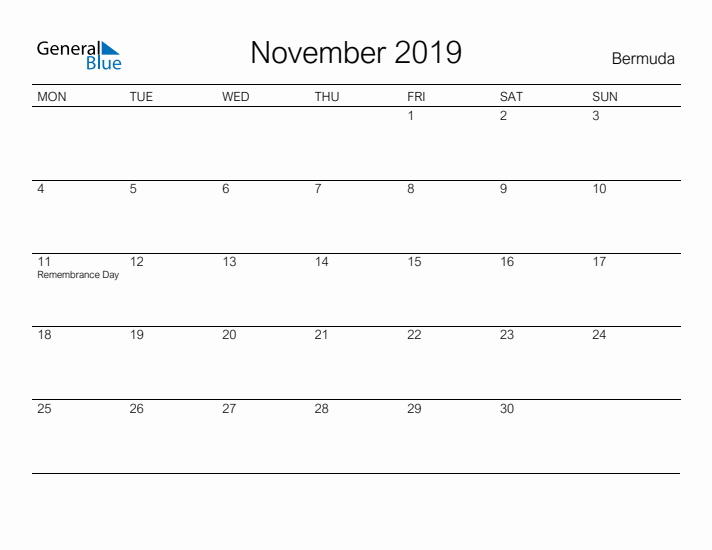 Printable November 2019 Calendar for Bermuda