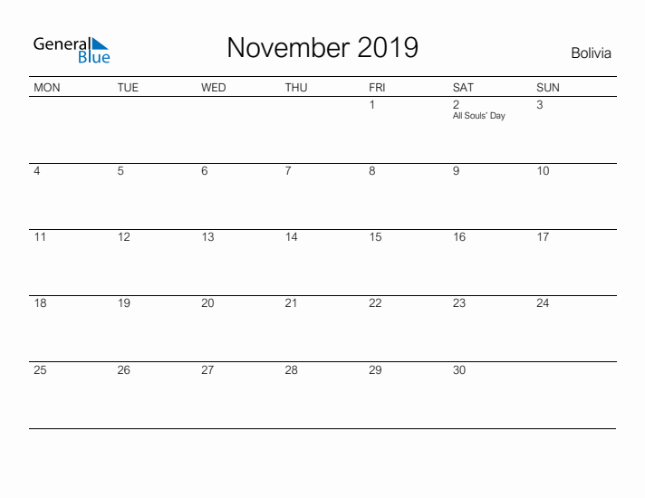 Printable November 2019 Calendar for Bolivia