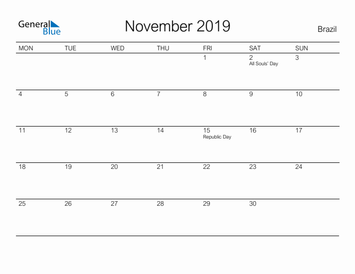 Printable November 2019 Calendar for Brazil