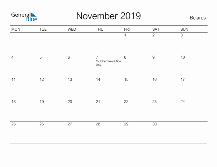 Printable November 2019 Calendar for Belarus