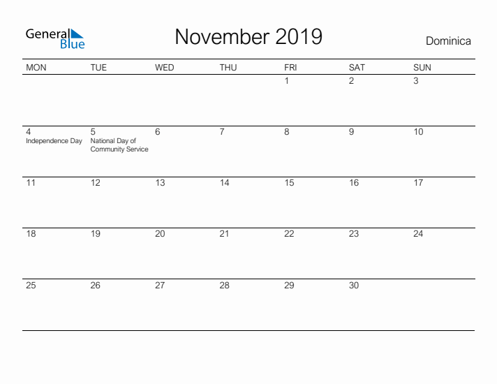 Printable November 2019 Calendar for Dominica