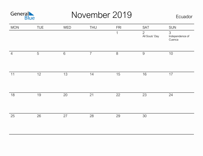 Printable November 2019 Calendar for Ecuador