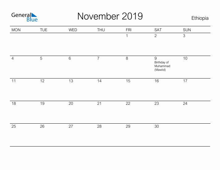 Printable November 2019 Calendar for Ethiopia