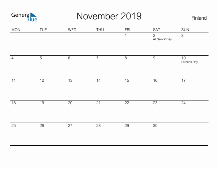 Printable November 2019 Calendar for Finland