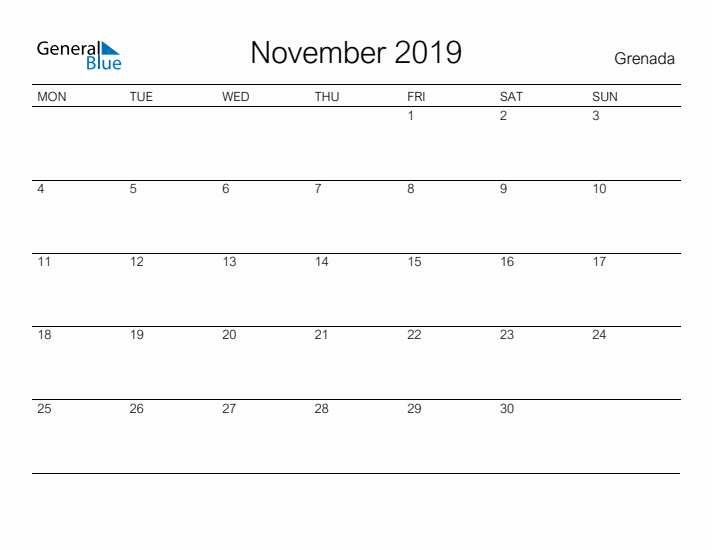 Printable November 2019 Calendar for Grenada