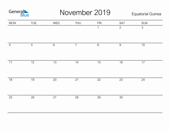 Printable November 2019 Calendar for Equatorial Guinea