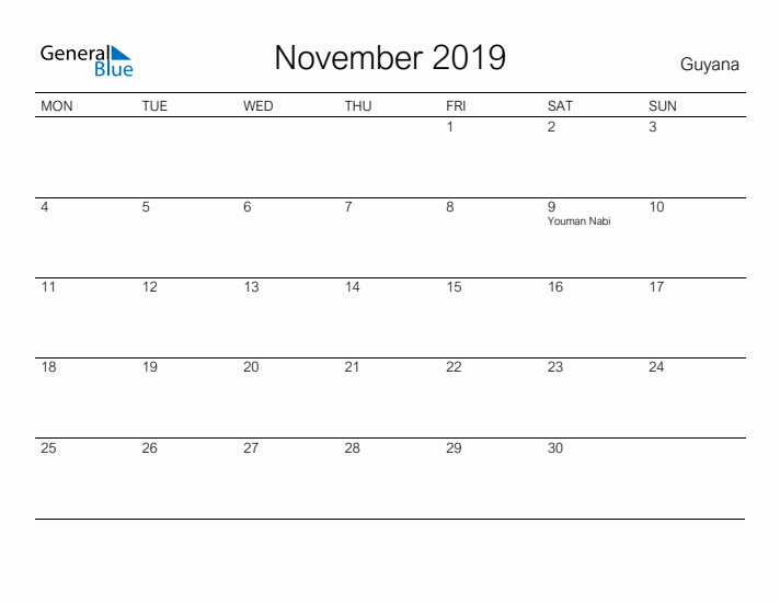 Printable November 2019 Calendar for Guyana