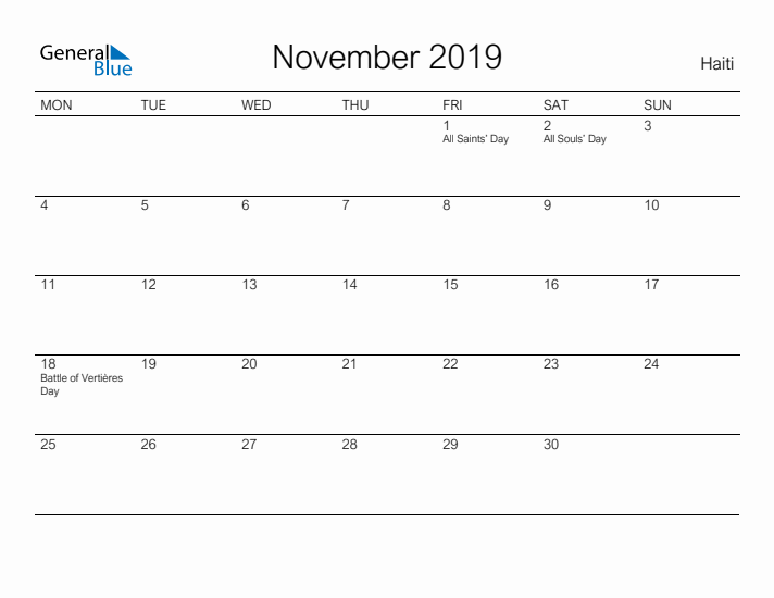 Printable November 2019 Calendar for Haiti