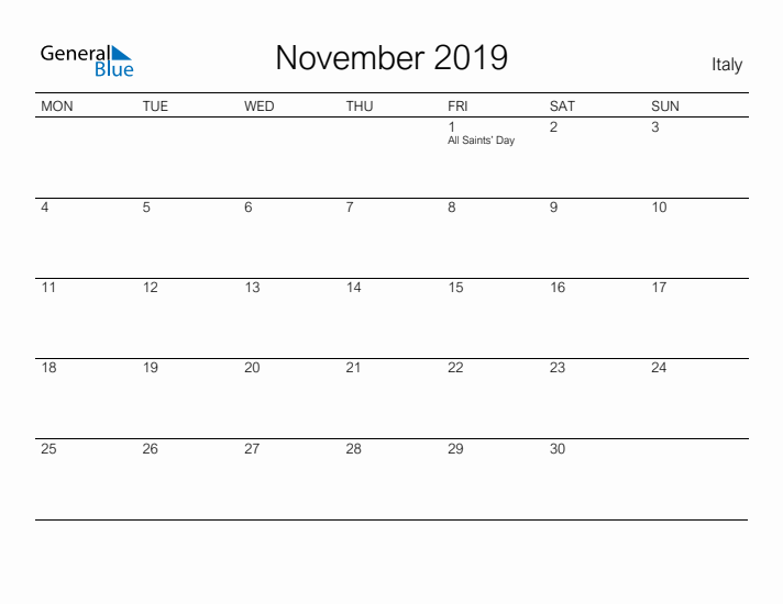 Printable November 2019 Calendar for Italy