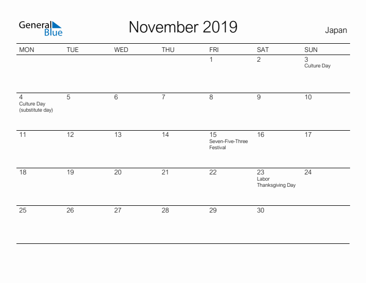 Printable November 2019 Calendar for Japan