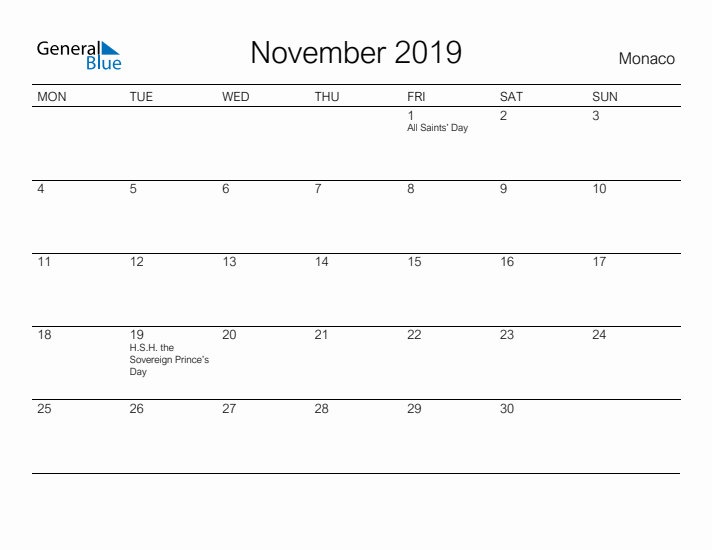 Printable November 2019 Calendar for Monaco