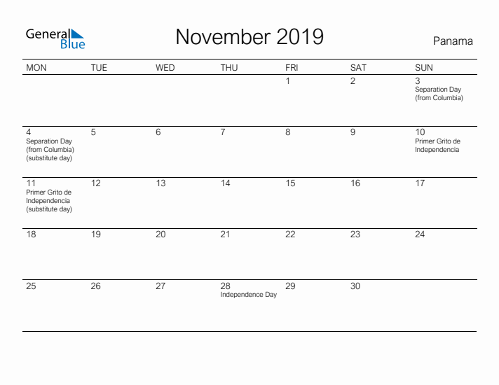 Printable November 2019 Calendar for Panama