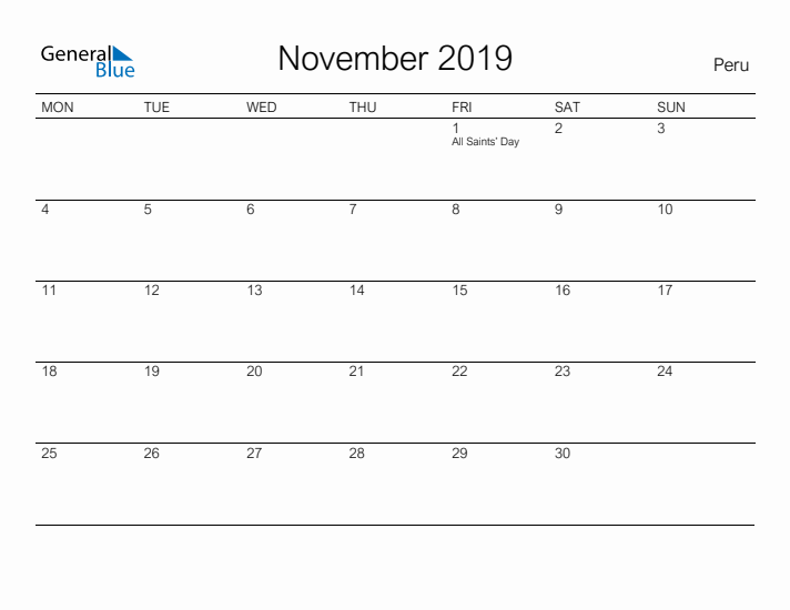 Printable November 2019 Calendar for Peru