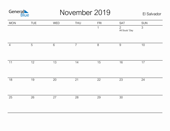 Printable November 2019 Calendar for El Salvador